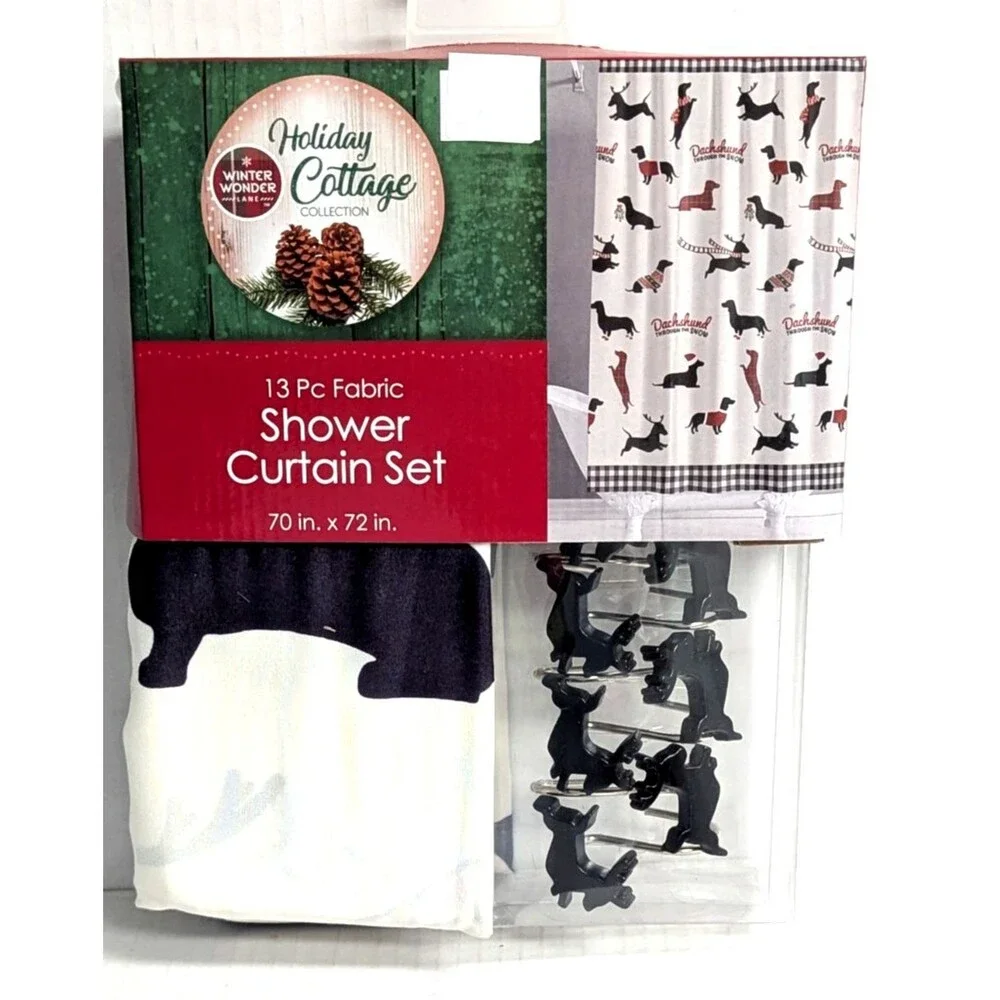 Holiday Cottage Dachshunds Through the Snow Shower Curtain and Hooks Bath Gift